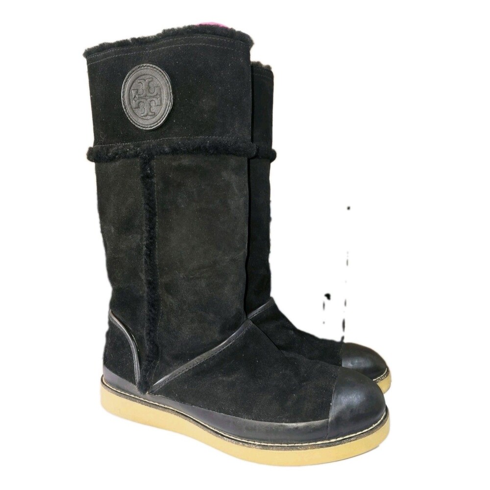 TORY BURCH AMELIE Sz 9.5 Black Lamb Suede Shearling Tall Pull On Logo Boho Boots